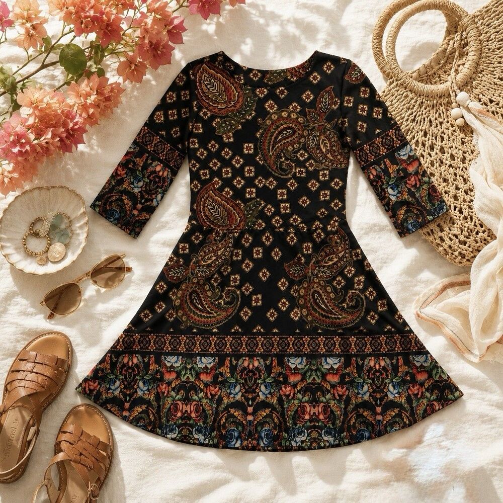 Isle By Melis Kozan Boho Paisley Dress Turkish Knee Length Festival Small